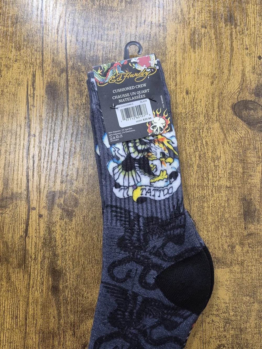 Ed Hardy Men’s Cushioned Crew Socks Tiger Flame 2-Pair Pack NWT